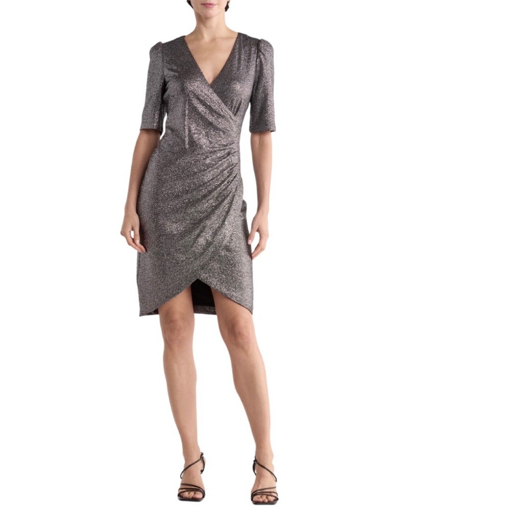 Calvin Klein Metallic Short Sleeve Faux Wrap Dress V Neck Black Silver Size 4